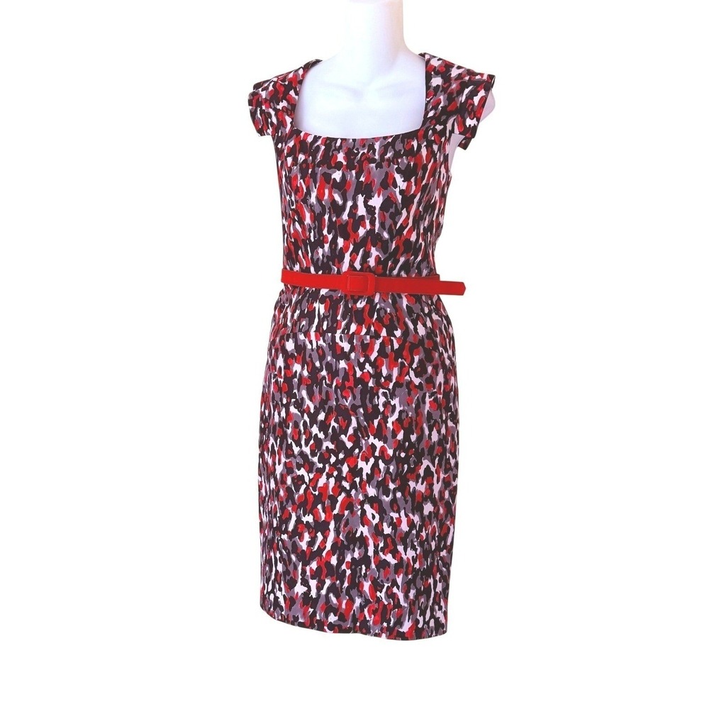 Single Silk Abstract Animal Print Belted Dress Sz 6 Modern Office
